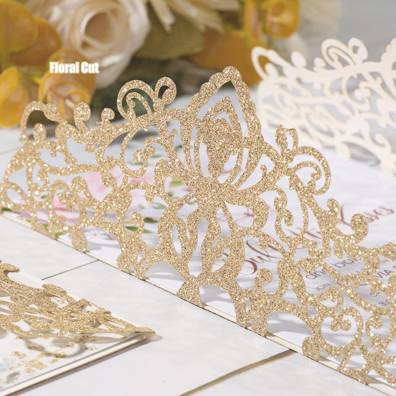 AdasBridal 50Pcs Glitter Floral Laser Cut Wedding Invitation Cards with Envelope Blank Inner Sheet and Ribbon for Wedding Engagement Bridal Shower Party Invite(7.09 X 4.92inch, Rose Gold) - Image 5